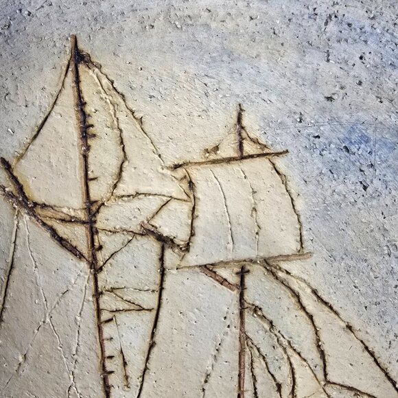 Vintage Signed Hubert Du Roscoat Pottery Art Wall Plate Cottagecore Schooner - Picture 9 of 11